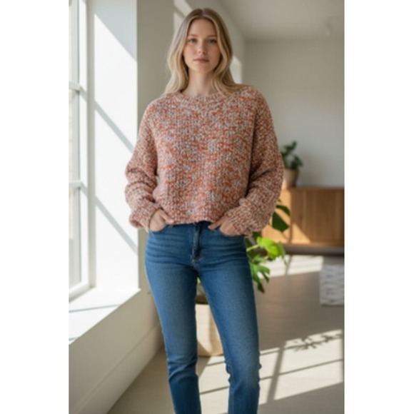 POL Sweaters - POL Sweater Womens Medium Orange White Boucle Chenille Knit Pullover Cropped